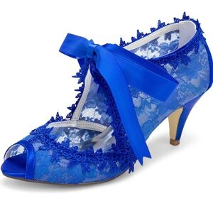 Royal blue Peep Toe Lace Satin Pumps